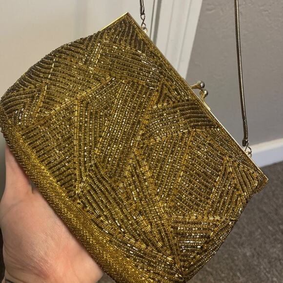 Vintage 1980s GOLD Geometric Beaded Luxury Designer Evening Bag Pristine 1 - Picture 11 of 12